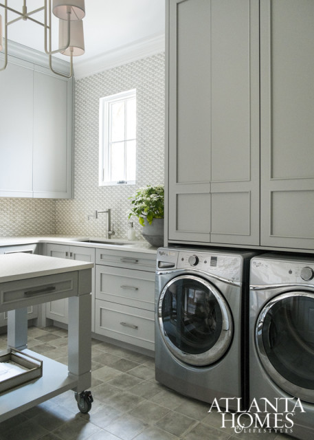 The mix of textures and shapes continues into the laundry and bath.