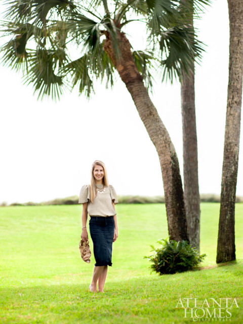 Alissa Portman Beard of Alissa Portman Interiors enjoys a moment on the lawn of her aunt’s Sea Island home, which she helped redesign.