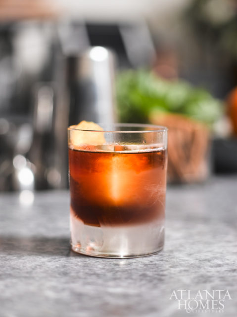 The Deep Red, made with rye, mezcal, vermouth, grapefruit, zucca and cynar.