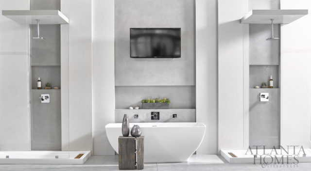 DESIGN CSI Kitchen and Bath Studio CABINETRY Rutt from CSI Kitchen and Bath Studio FLOOR AND SHOWER SURFACE Neolith from Stone Center COUNTERTOPS Levantina COUNTERTOP FABRICATION Atlanta Kitchen TUB MTI Baths FAUCETS KWC LIGHTING Circa Lighting SHOWER DOORS + MIRRORS Atlanta Glass & Mirror Stool + vases B.D. Jeffries Coral + Mercury compotes Lush LIfe