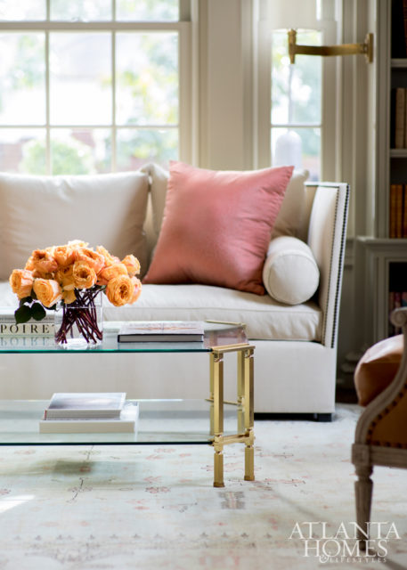Always sensitive to a home’s interior architecture, Kasler created calm in the library with a gorgeous gray stain. “I just love the patina of that room. It’s cozy without being heavy.” Rug, Moattar. Sofa, Dessin Fournir through Ainsworth-Noah.