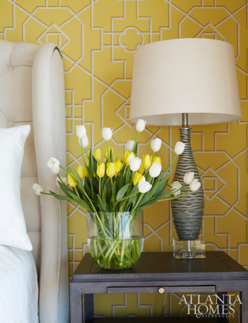 Thibaut’s bamboo lattice is a sunny addition in the guest room.
