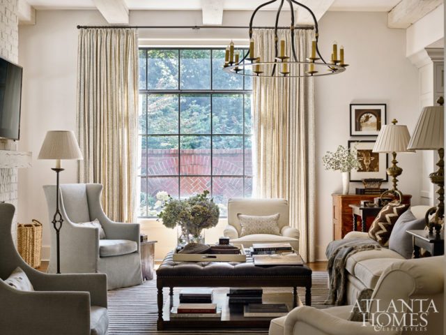 The Dessin Fournir wing chair is one of designer Liza Bryan’s favorite touches. “It gives you the height you need by the fireplace without looking like Grandma’s chair,” she says.