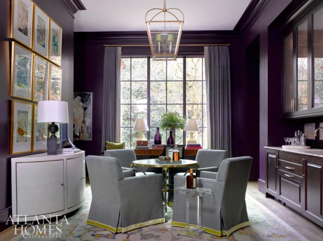 Robert Brown packs a punch in the living room and bar of the 2017 Home for the Holidays Designer Showhouse, enveloping the room in Farrow & Ball’s Pelt. The cabinetry is by Bell Cabinetry & Design, the countertops and backsplash are Levantina, the faucets are Renaissance Tile & Bath, and the windows are Windsor Windows.