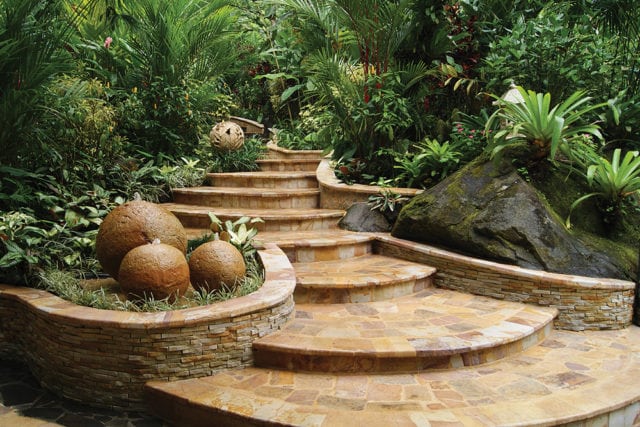 Stone steps lead to Shangri La, the adults-only area with six thermal springs, cabanas and a bar.