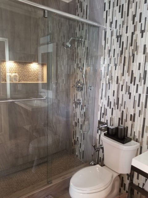 Modern bathroom with a glass-enclosed shower featuring vertical mosaic tile in shades of gray, white, and black. A white toilet sits next to the shower, with a built-in niche in the shower wall holding toiletries.