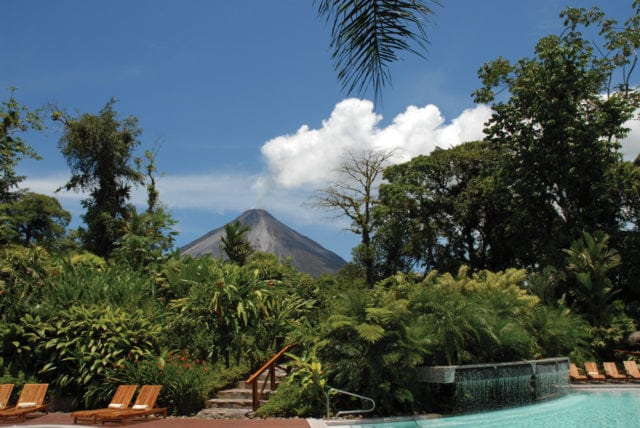 Arenal Volcano forms a majestic backdrop for Tabacón Thermal Resort & Spa in Costa Rica’s Alajuela province.