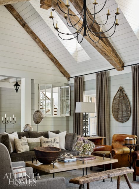 Adams introduced more natural light into the family room by placing dormers on either side of the vaulted ceiling. To add warmth, the ceiling is accented by timber trusses, which were sourced by the homeowner, who retired recently from the building industry.