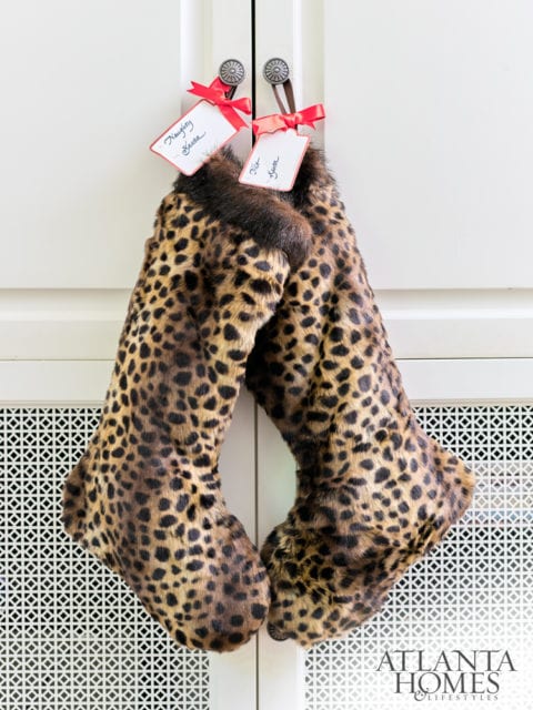 Leopard is a signature element for the designer, who found the festive stockings at B.D. Jeffries.