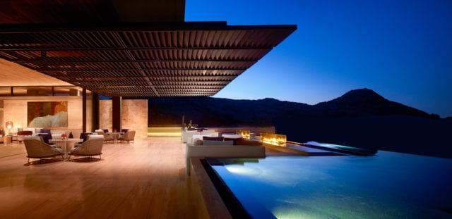 The hotel lobby and infinity pool.