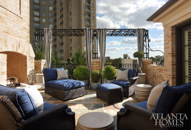 A trio of outdoor terraces accommodates lounging and entertaining thanks to seating from Kolo Collection, contemporary Dedon accent tables, and weather-resistant textiles from Jim Thompson, Paul+ and Link Outdoor.