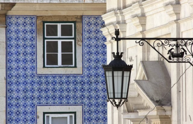 Traditional blue tiles adorn architecture in Chiado.