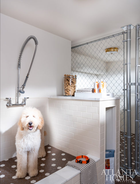 Turner created a pooch “spa” with heated floors and subway tile from Daltile.
