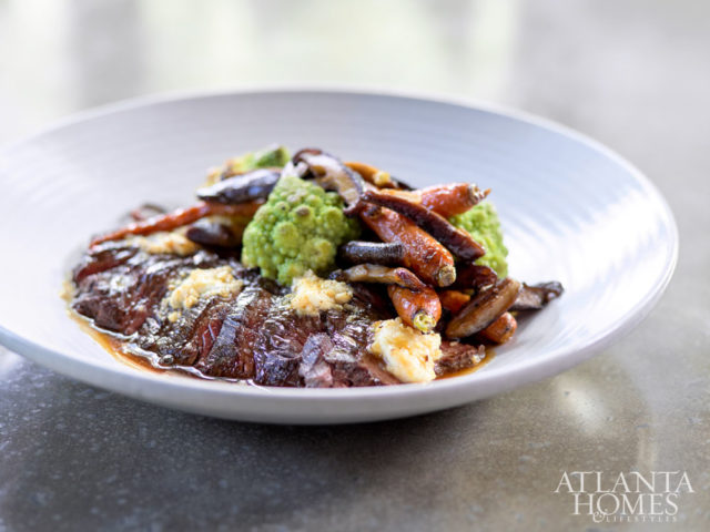 Hangar steak, served with carrots, romanesco, shiitakes and smoked gouda butter