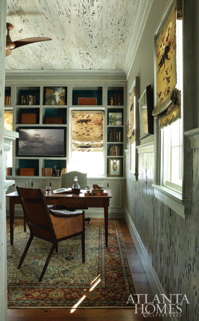 Channeling Bill’s passion for hunting and the outdoors, his office is wrapped in a grey-washed pecky cypress wood.