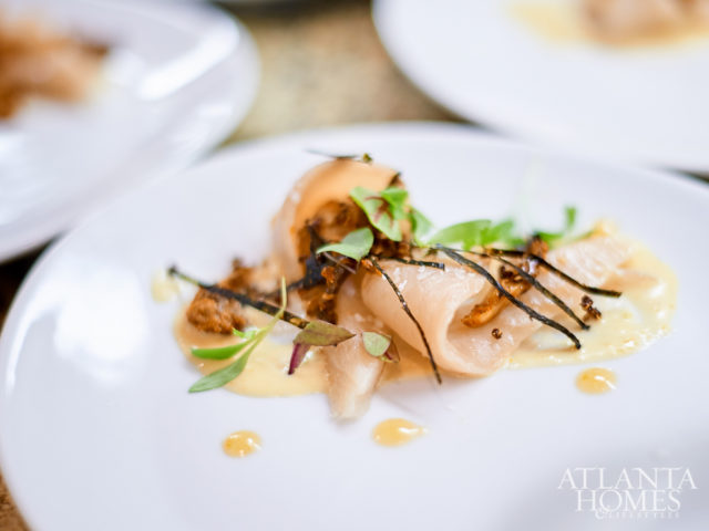 The first course: Hamachi crudo, with kosho aioli, paprika pickled mushroom and meyer lemon marmalade.