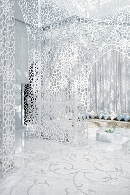 Ironwork in a white lace design at the Royal Mansour’s Moorish style spa.