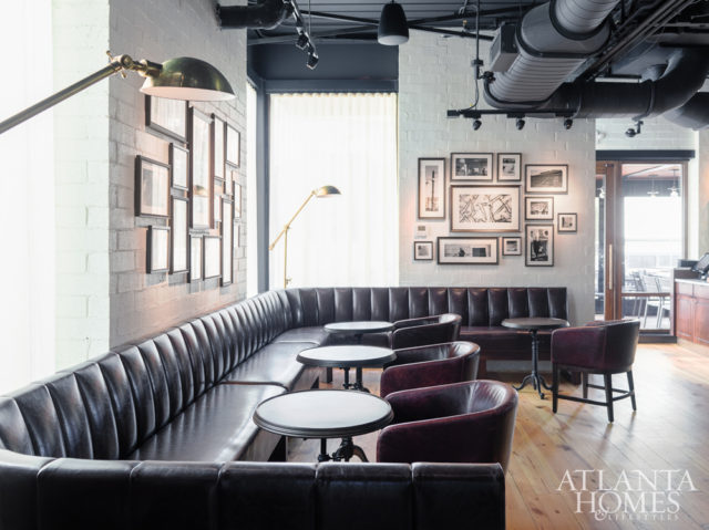 A racetrack-style bar at Ecco Buckhead accommodates after-work crowds.