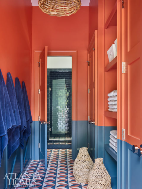 Cement tiles by Clé inspired the pool bath’s bold color scheme.