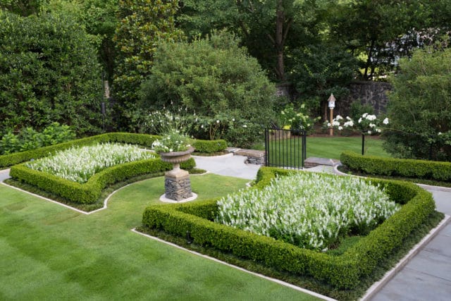 Formal garden with manicured boxwood hedges, white flowering plants, stone urn, and black iron gate. Lush green lawn and mature trees in the background.