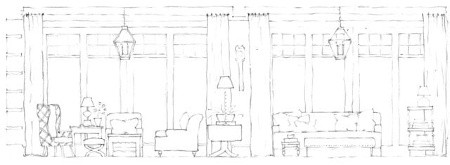Sketch of a living room with two wingback chairs, a sofa, two side tables with lamps, and a grandfather clock. Large windows with curtains are visible in the background.