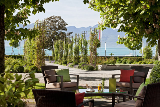 The lake view bar at the Beau-Rivage Palace Hotel.