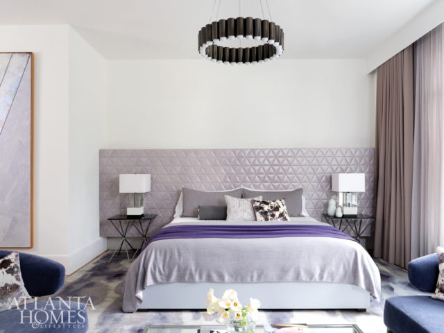 At Wieland’s request to introduce color, Witzel used purple as a neutral in the master bedroom. The custom headboard is comprised of leather tiles from Studioart.