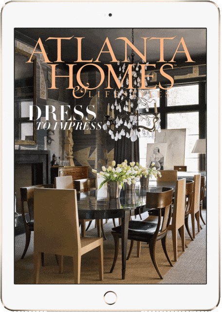 Atlanta Homes & Lifestyles magazine cover featuring a dining room with a dark oval table, chairs, and a crystal chandelier. Headline: "Dress to Impress."