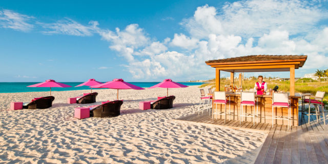 The beachfront Pink Bar serves an array of rose-hued beverages.