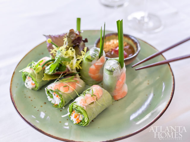 Chilled shrimp rolls with peanut sauce.
