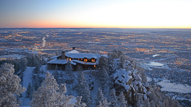 Cloud Camp at twilight, overlooking Colorado Springs and the Eastern Plains.