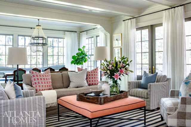 The family room takes on a more relaxed feel with splashes of color and playful patterns. Clean up is also a breeze thanks to performance fabrics.