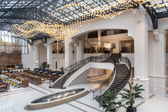 The Atrium features a stunning chandelier that mimics the rolling hills of North Georgia.