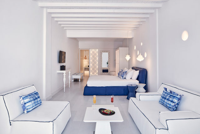 Bedroom suite interior at Katikies Mykonos.