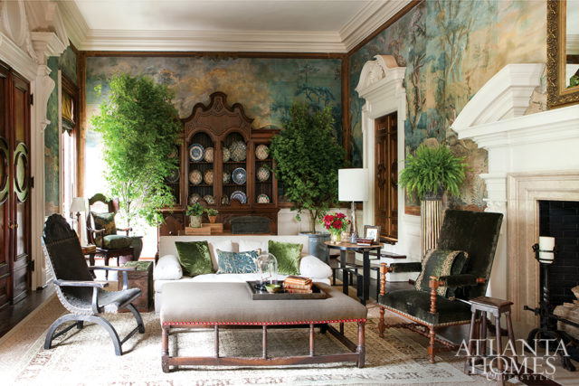 Barbara Westbrook relied on antiques and overscale pieces to complement the original hand-painted linen wallcovering in a circa-1926 abode. Photo by Erica George Dines
