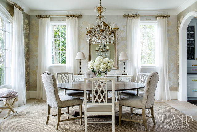 A silvery Gracie wallpaper softens an ethereal dining room by designer Susan Bozeman. Photo by Jeff Herr