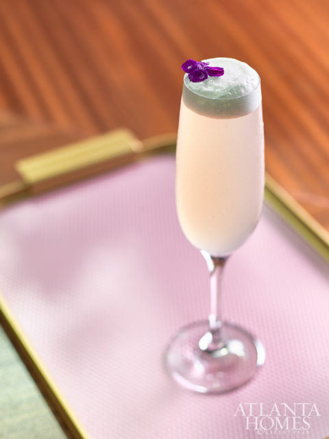 “Bend and Snap” gin cocktail with rosé foam topper.