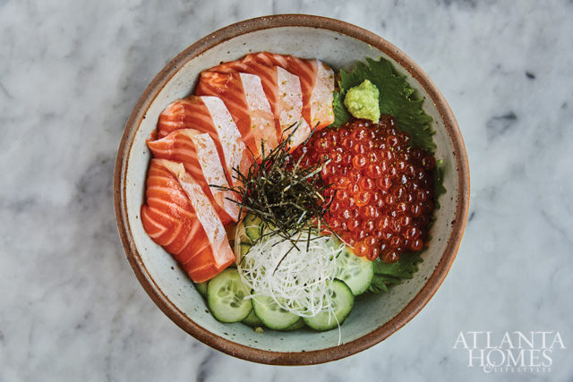 Salmon Donburi with cucumber and salmon roe.