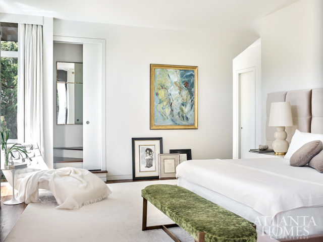 A splash of green velvet brings a touch of the lush exterior into the zen-like master bedroom. “Ginair wanted a zen room where she could escape to and unwind from the day,” says Millner. “A cocoon to retreat to.”