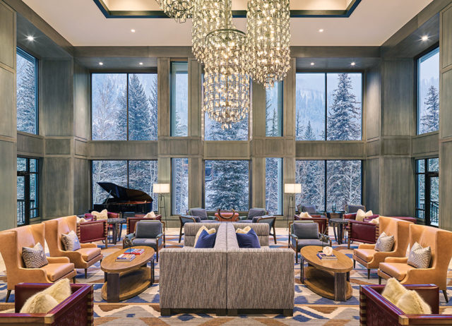 The Alpine-inspired Fireside Lounge is the resort’s social center.