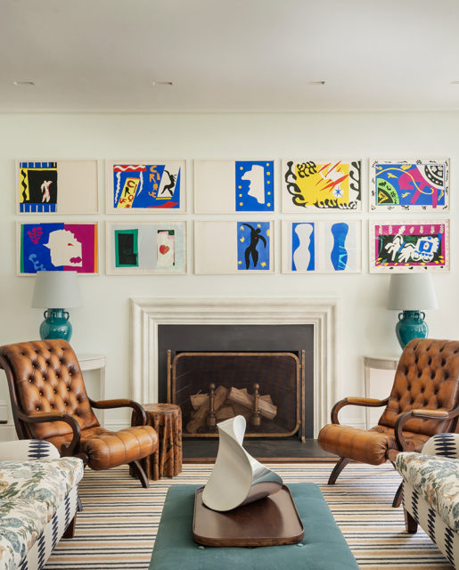 The vibrancy of Matisse’s Jazz series is balanced by robust leather chairs.