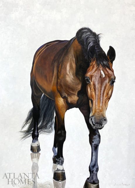 Painting of a brown horse with a white blaze on its forehead.
