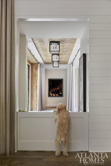 Hallway with shiplap walls, textured wood ceiling, and modern black pendant lights. A dog stands on its hind legs looking through an opening.