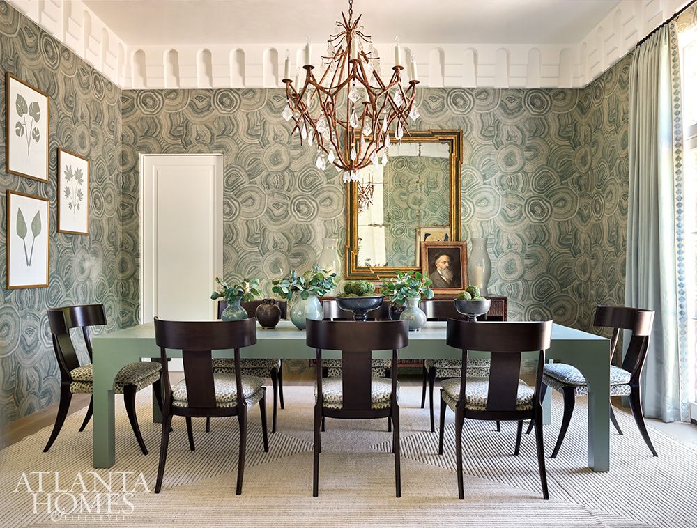 green wallpaper dining room