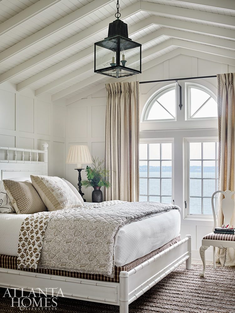 white bedroom with beams