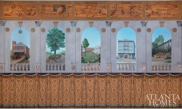Mural depicting five arched scenes of historical buildings, a large tree, and a train station, topped with carved panels labeled Athletics, Science, Education, History, and Agriculture.