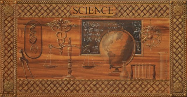 Wooden panel with the word SCIENCE above scientific imagery including a DNA helix, caduceus, scales of justice, globe, chalkboard with equations, armillary sphere, and test tubes.
