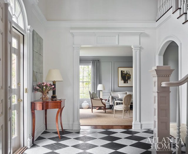 black and white marble tile formal foyer