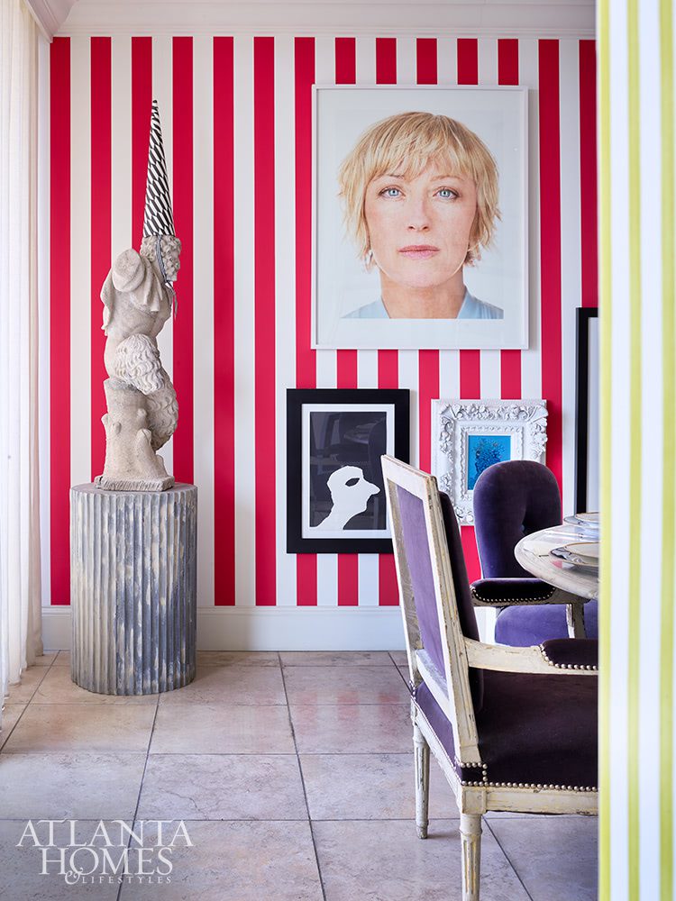 striped wallpaper with art