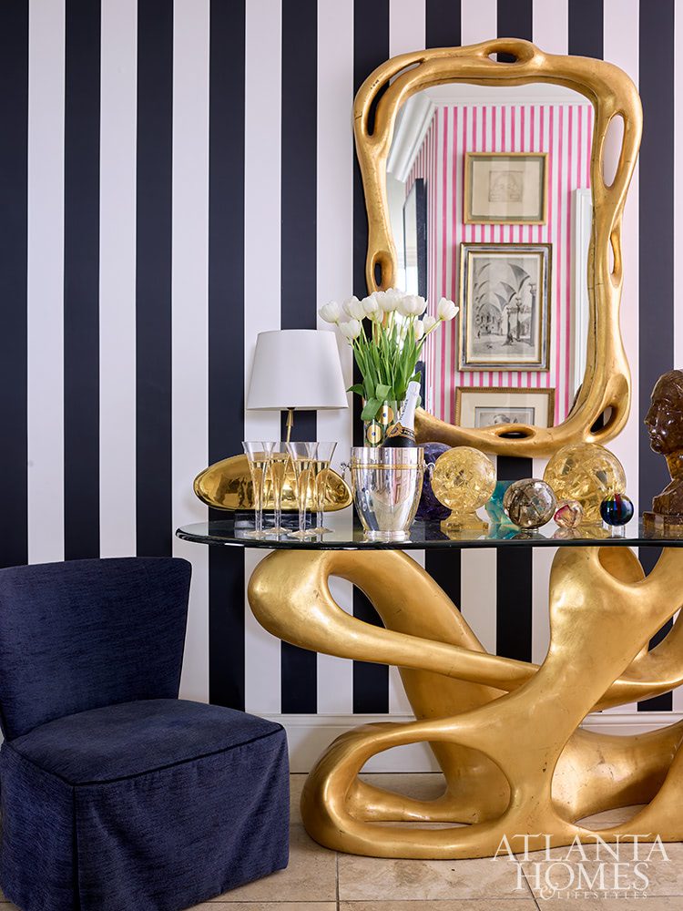 striped wallpaper modern console and mirror